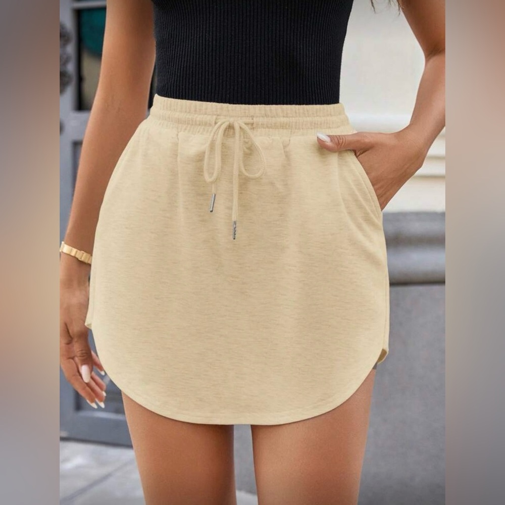 Casual Drawstring Mini Skirt - Cream